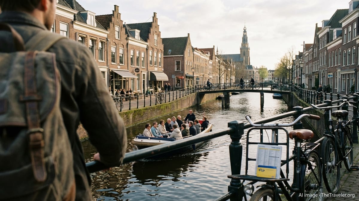 Traveler overlooking canal in Haarlem, Netherlands with view of Grote Kerk tower.