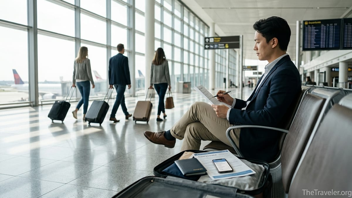 Traveler reviewing travel insurance documents in a bright airport terminal.