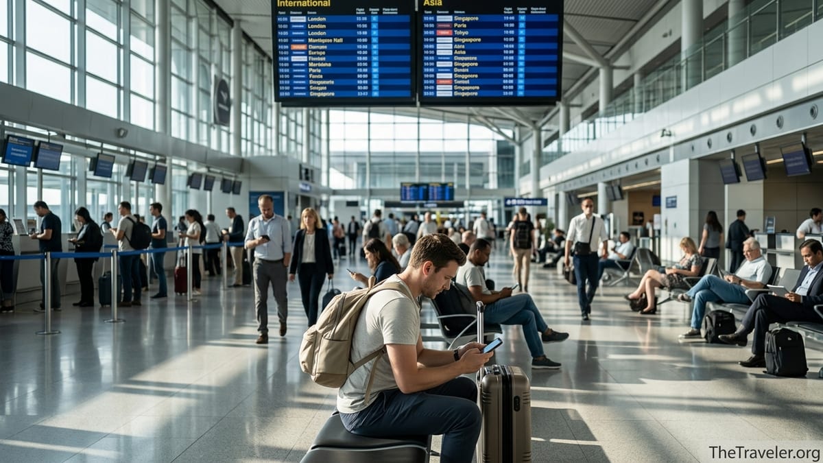Traveler using an eSIM app on a smartphone in a busy international airport.