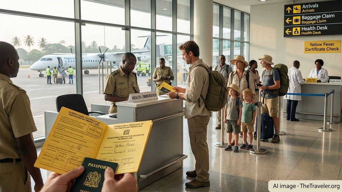 Traveler presenting vaccination certificate at Tanzanian airport immigration counter.