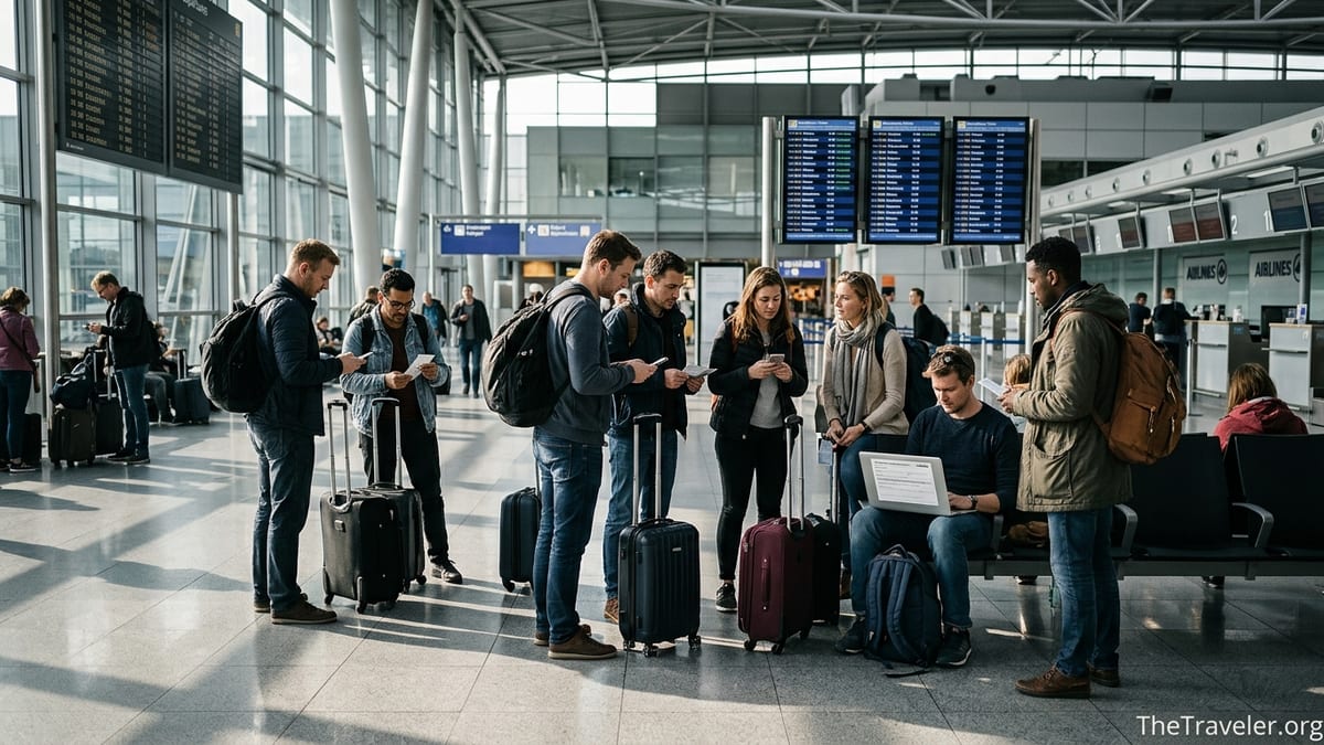 Travelers in a busy European airport comparing flight compensation options on a laptop.