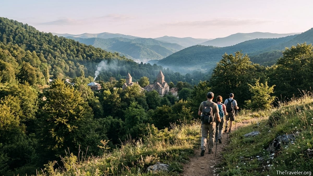 Hikers on a trail above a forested valley and monastery in Dilijan National Park, Armenia.