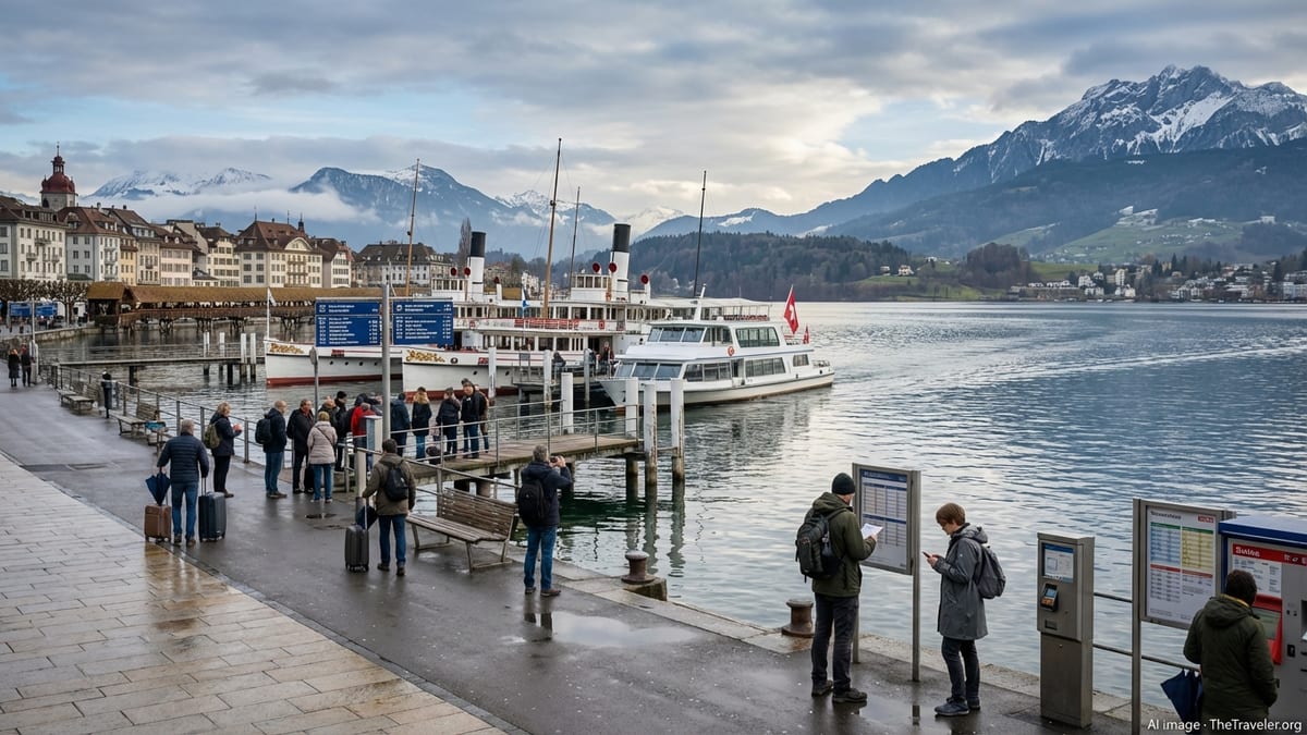 Travelers on Lake Lucerne's promenade amidst historic buildings and mountains.