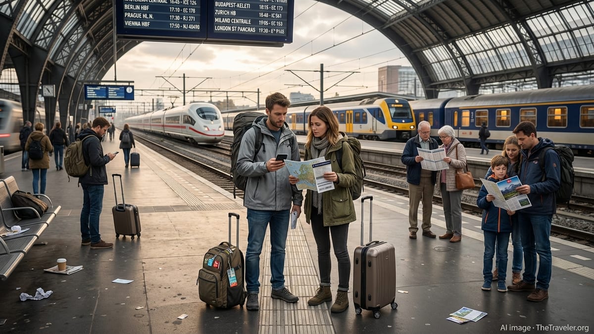 Travelers planning their multi-country European rail trip at a major station.