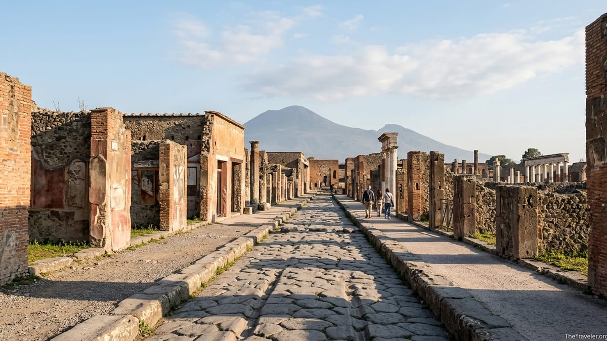 Travelers walking along a sunlit ancient street in Pompeii with Mount Vesuvius behind.
