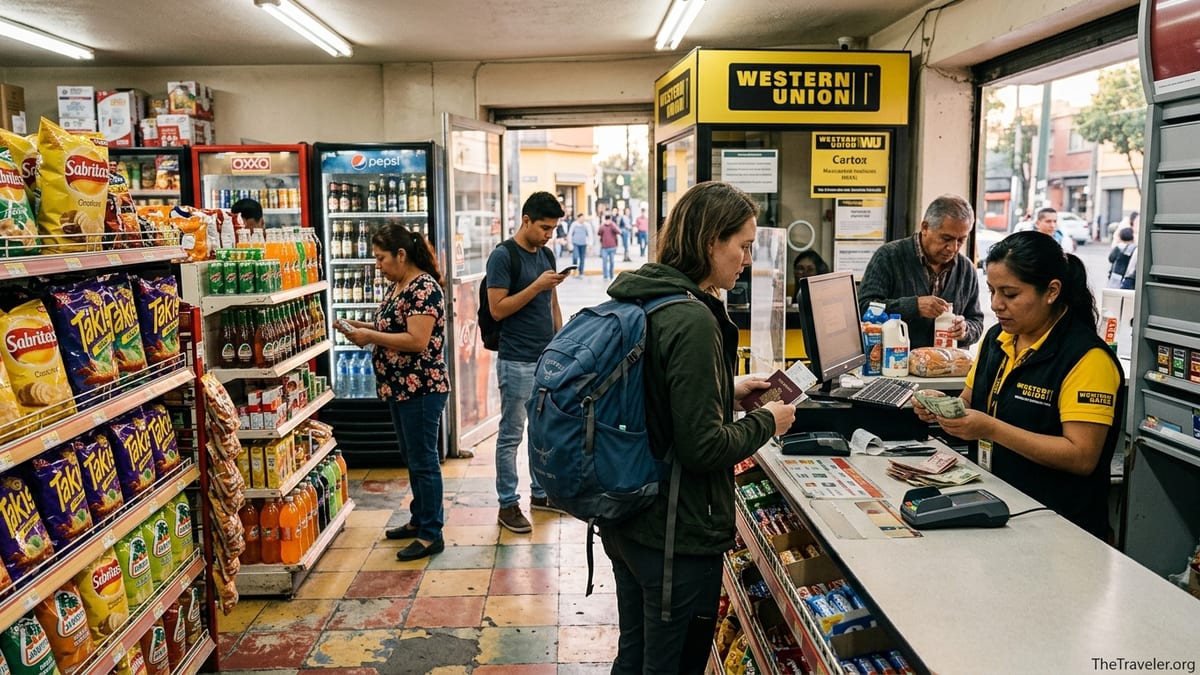Traveler collecting cash at a Western Union counter inside a small foreign convenience store.