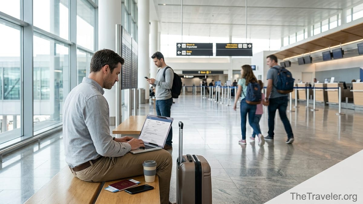 Traveler in an airport using a laptop to complete online visa forms next to passport and luggage.
