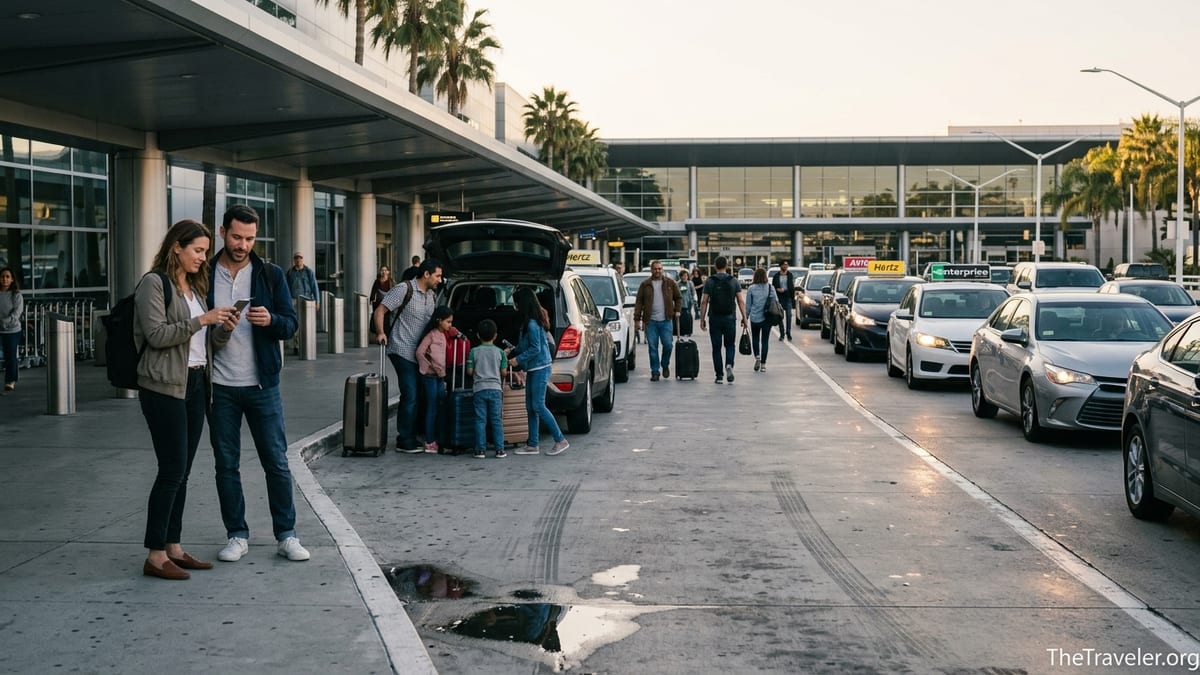 Travelers compare car rental options on their phone beside a row of airport rental cars.
