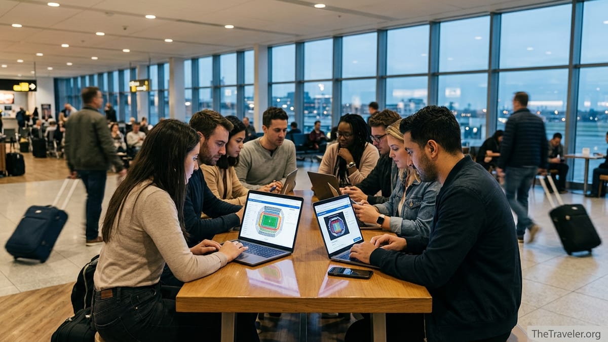 Travelers in an airport lounge comparing ticket options for concerts and games on laptops and phones.