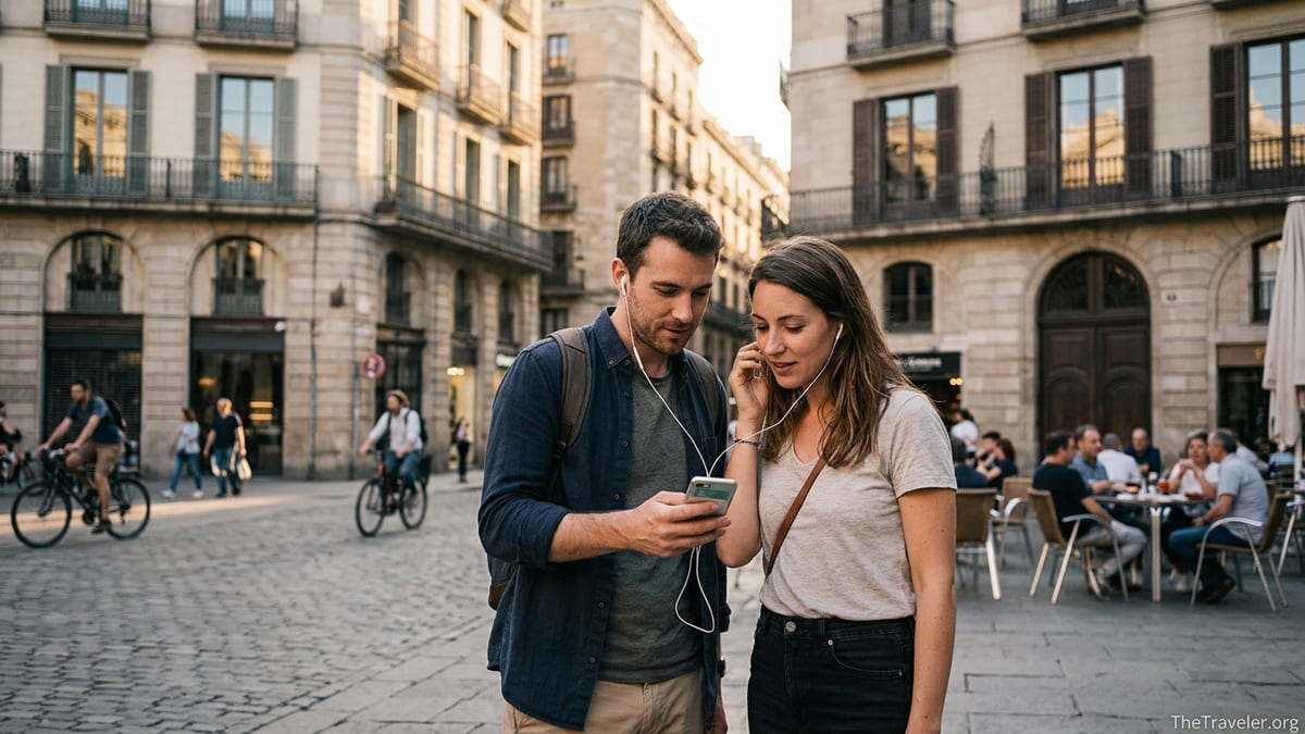 Two travelers using a self guided audio tour app while exploring a European city square.