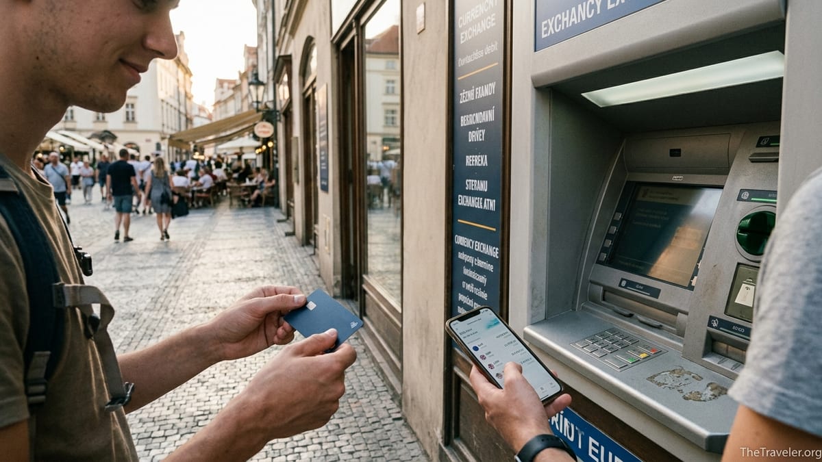 Traveler using a debit card and phone banking app at a foreign ATM in a city square