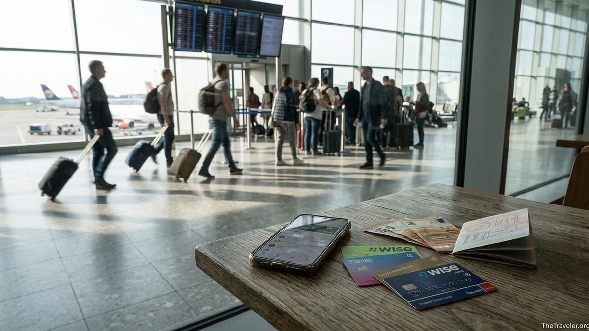 Travel debit and prepaid cards on an airport café table beside passport and cash.