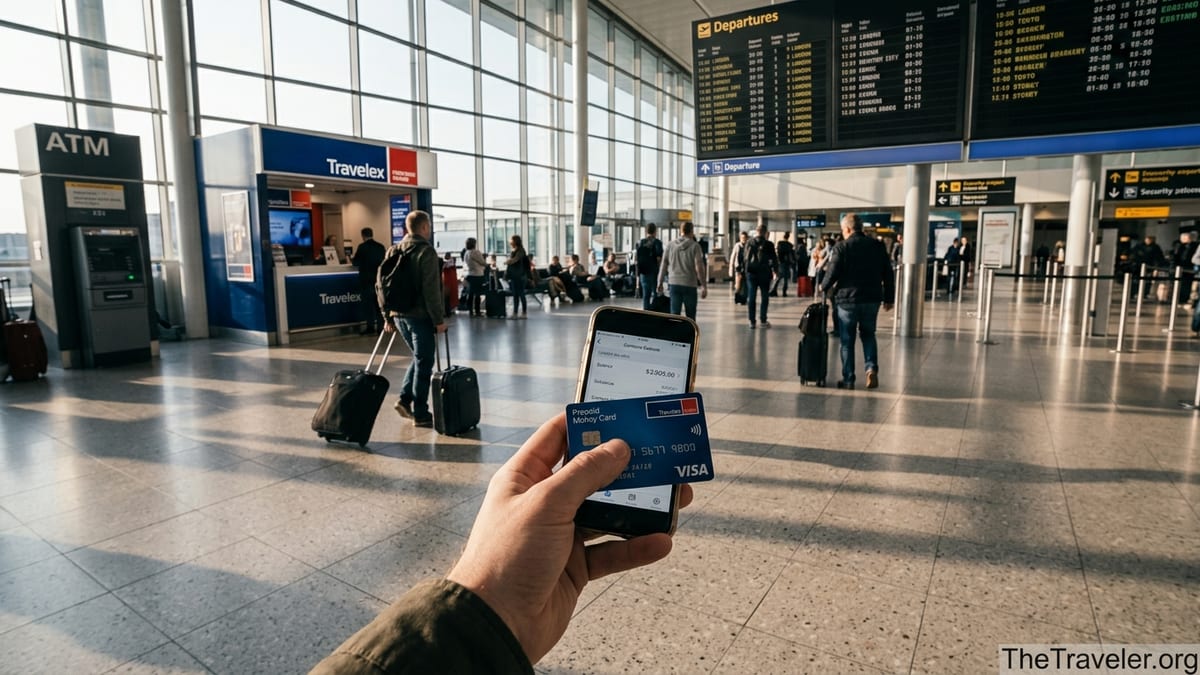 Traveler holding a prepaid money card and phone near a foreign exchange counter in an airport.