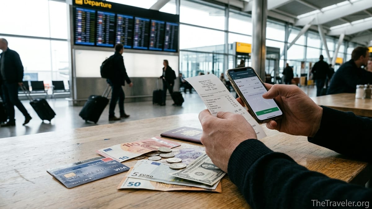 Traveler comparing a Travelex money card and cash at an airport café table.