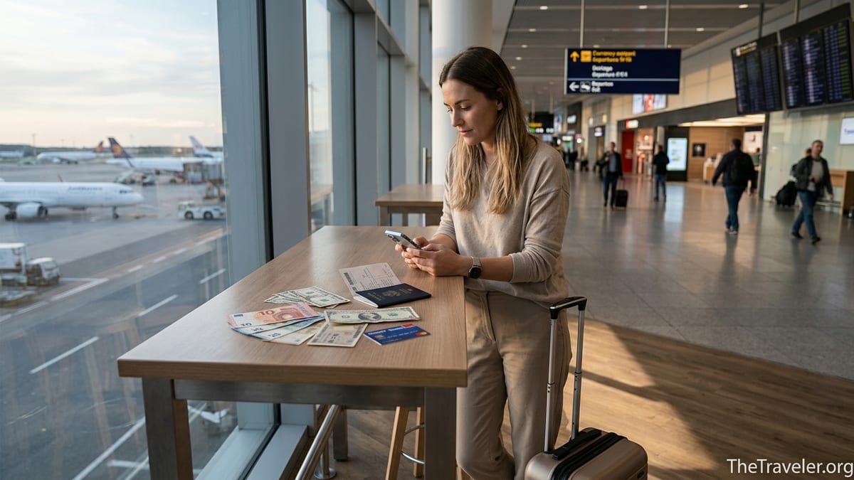 Traveller comparing a Travelex money card and app-based travel cards at an airport table.