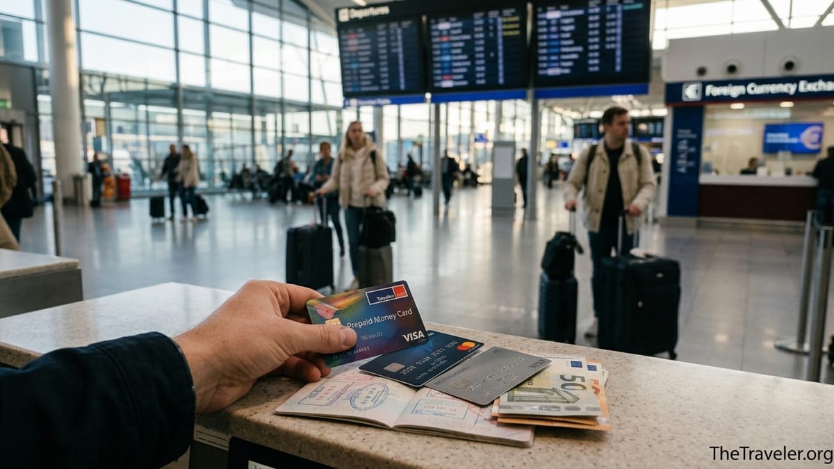 Traveler choosing between a Travelex money card and other travel cards at an airport counter.