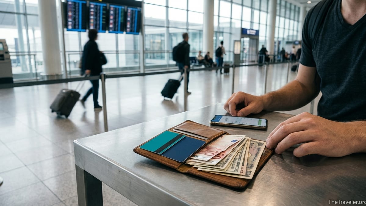 Traveler comparing two travel money cards with cash and phone in an airport.
