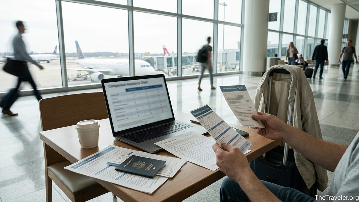 Traveler comparing printed travel insurance documents in an airport lounge.