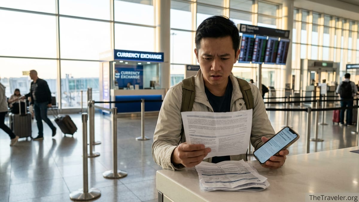 Traveler at an airport counter reviewing travel insurance papers with a concerned expression.