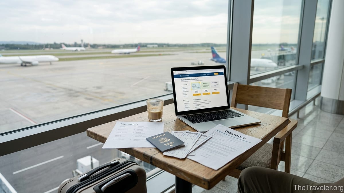 Traveler reviewing travel insurance documents on a laptop at an airport cafe.