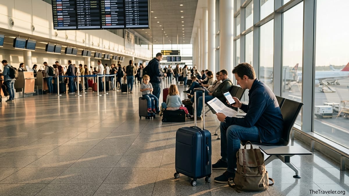 Traveler reviewing trip documents and phone with insurance details in a busy airport terminal.