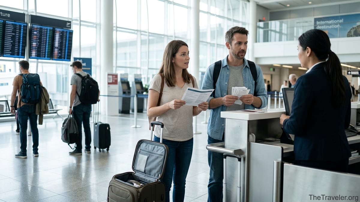 Travelers at an airport check-in counter discussing documents that appear to be travel insurance and medical receipts.