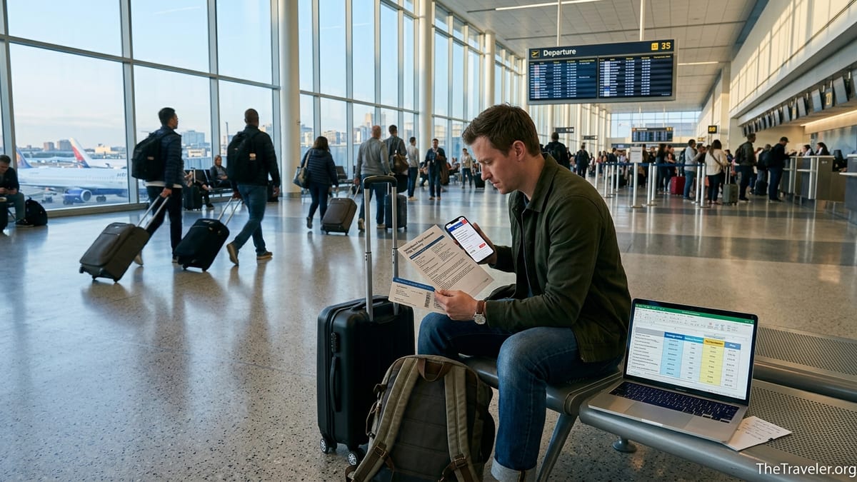 Traveler comparing travel insurance options on a laptop in a busy airport terminal.