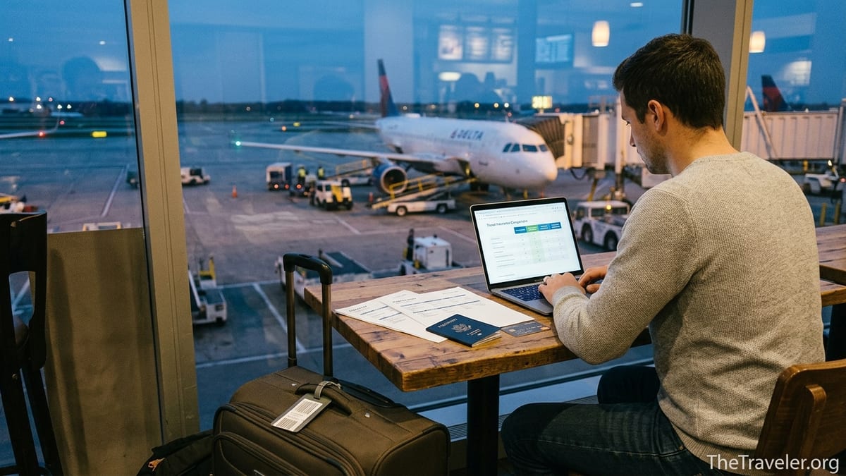 Traveler at airport café comparing travel insurance documents before a flight.