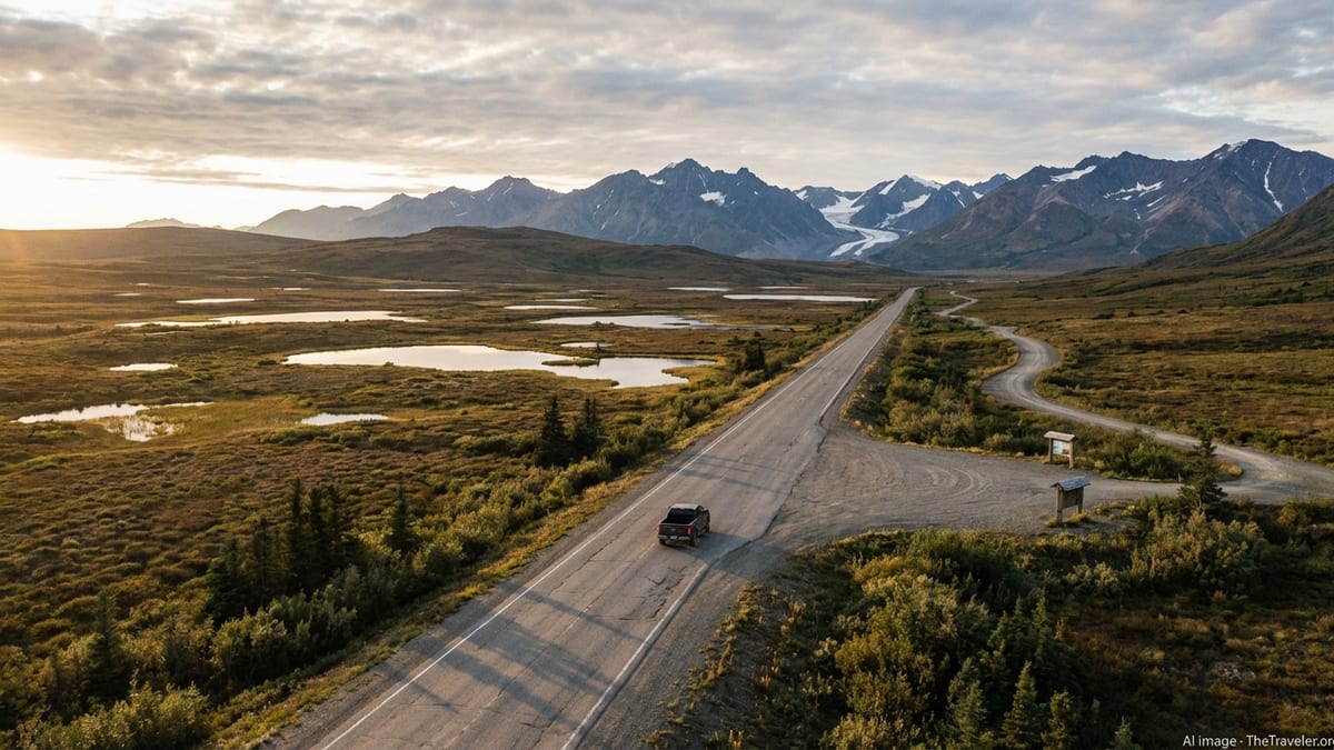 A single vehicle on a lonely highway through vast Alaskan mountains and tundra.
