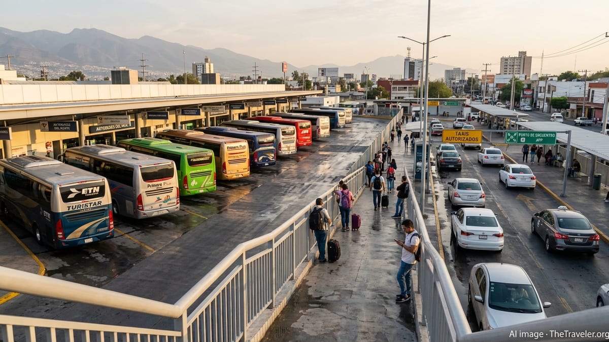 Travelers boarding modern long-distance buses at a busy Mexican terminal at sunset