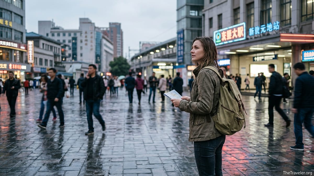 Solo traveler with backpack standing in a rainy foreign train station plaza at dusk, locals rushing past in soft blur.
