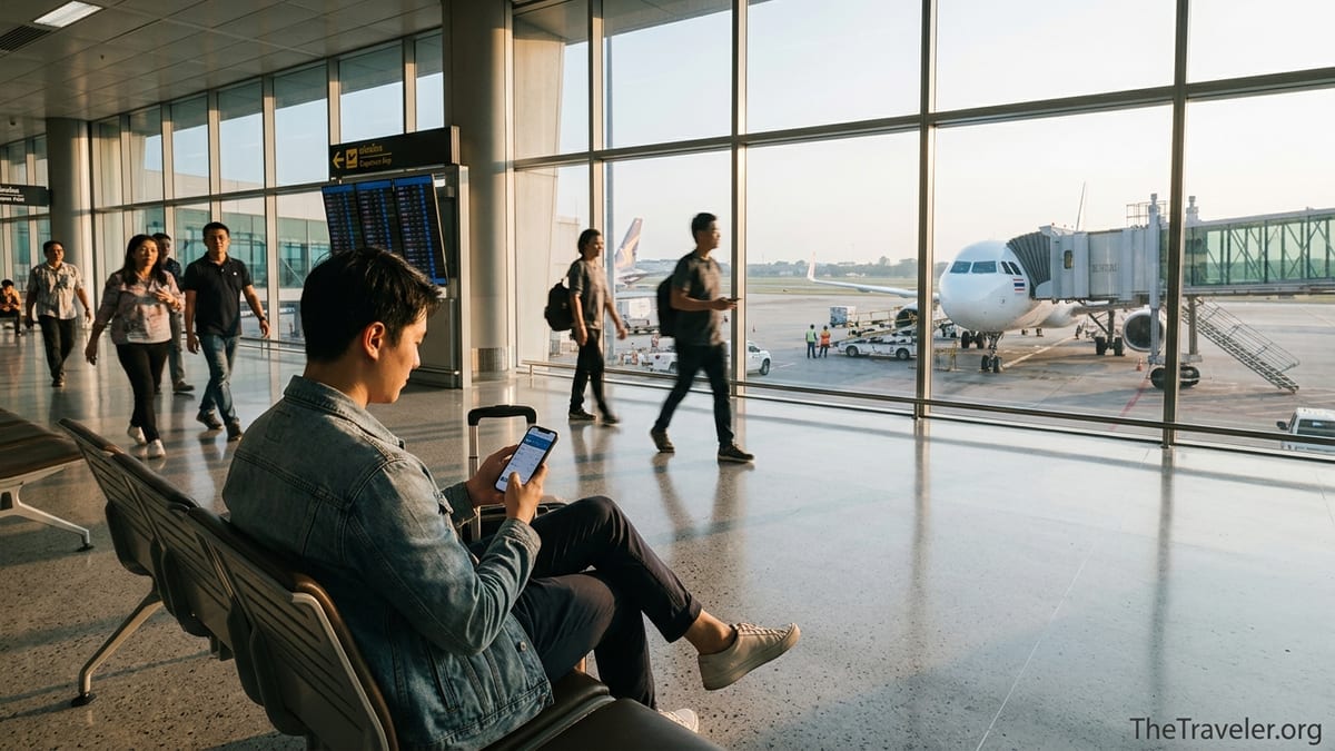 Traveler using a booking app on a phone inside a busy Asian airport terminal at sunset.