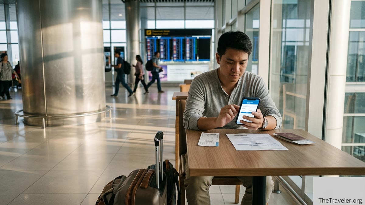 Traveler using a smartphone to manage bookings in a bright Southeast Asian airport lounge.