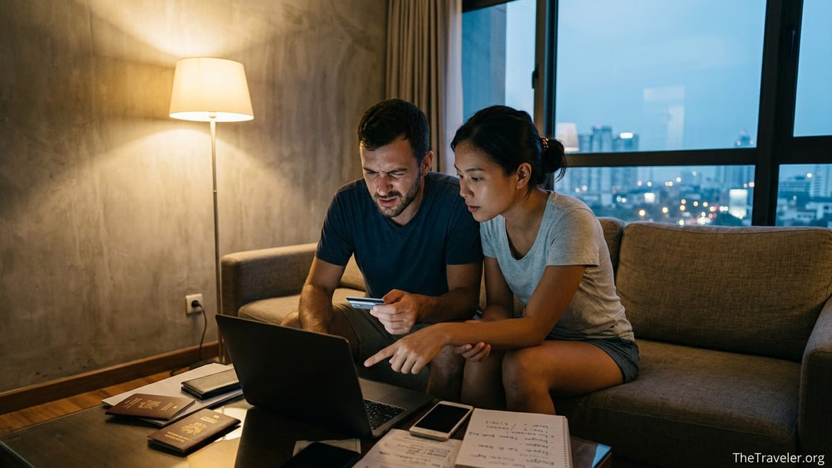 Couple reviewing extra fees on a travel booking checkout screen at home.