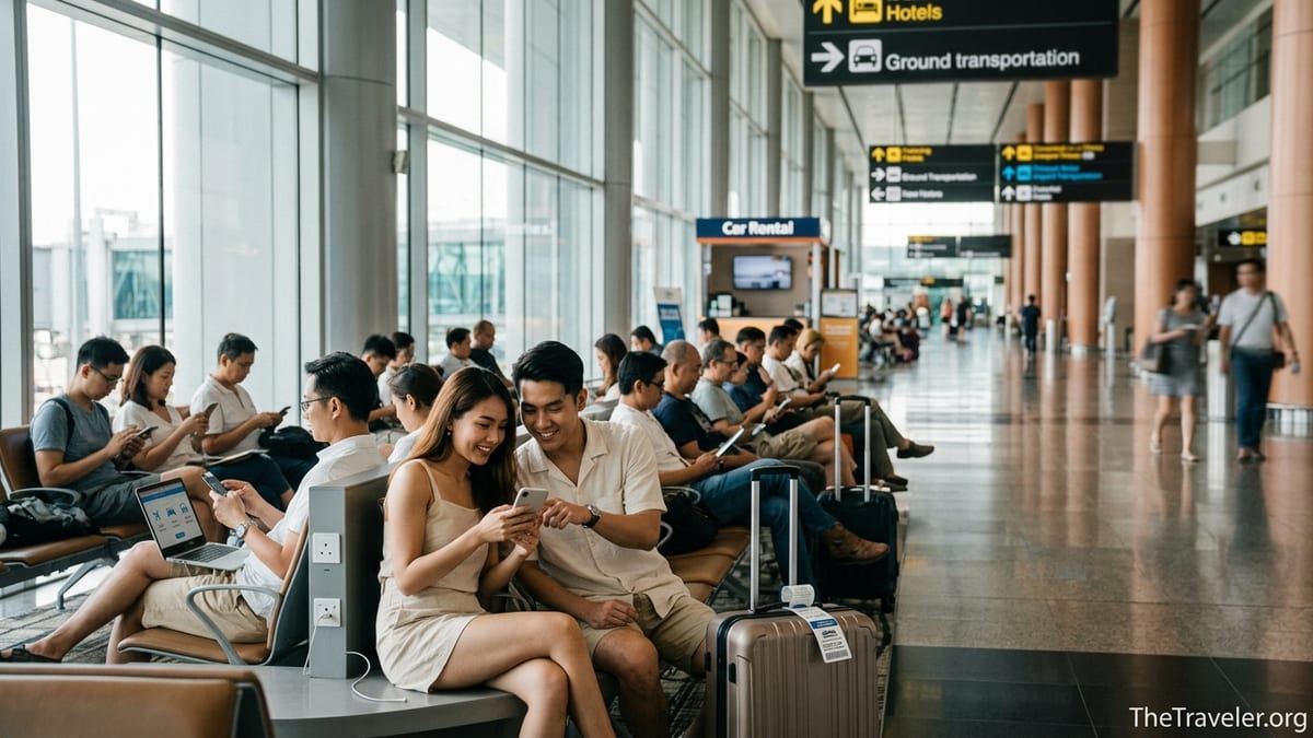Travelers in a modern Asian airport using a phone to compare multi service travel bookings.