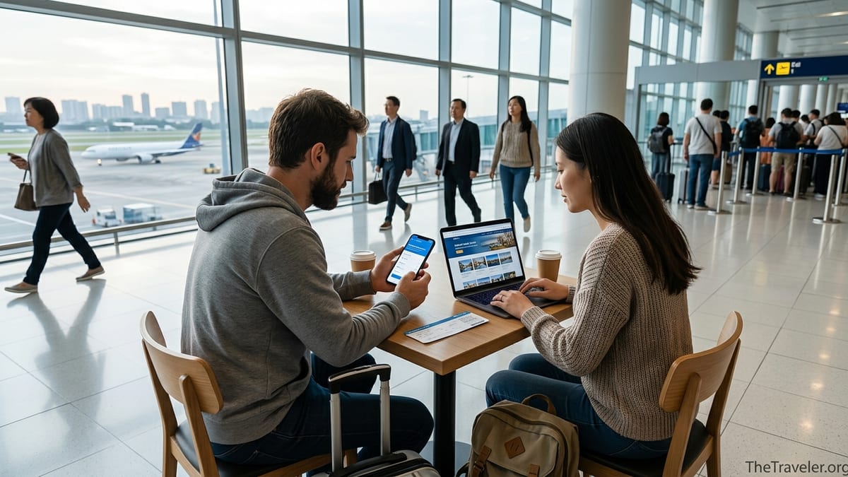 Two travelers compare hotel and flight options on phones and laptop in a bright airport cafe.
