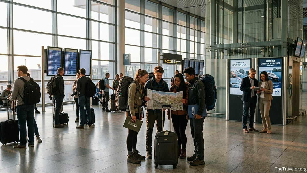 Travelers with tour documents and luggage in a busy airport terminal at sunrise.