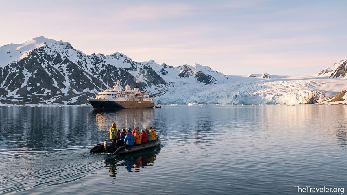 Small expedition ship and Zodiac boat with travelers off an icy Antarctic coast at sunset.