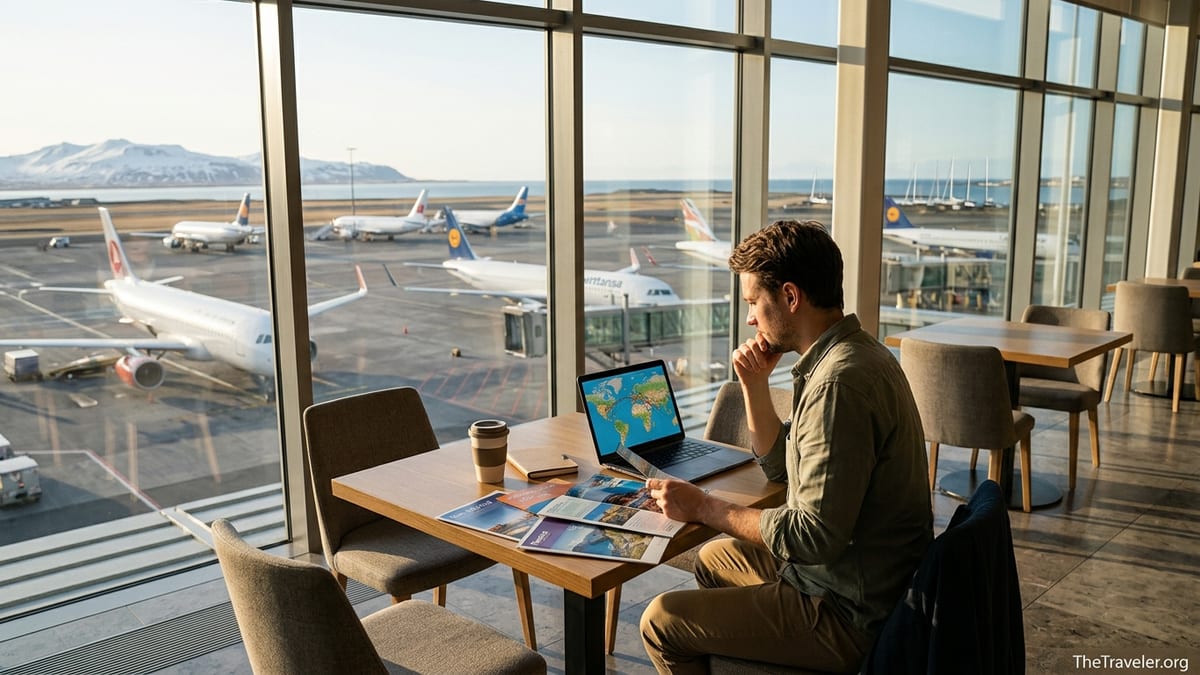 Traveler in airport lounge surrounded by tour brochures and planes from many brands at sunset.