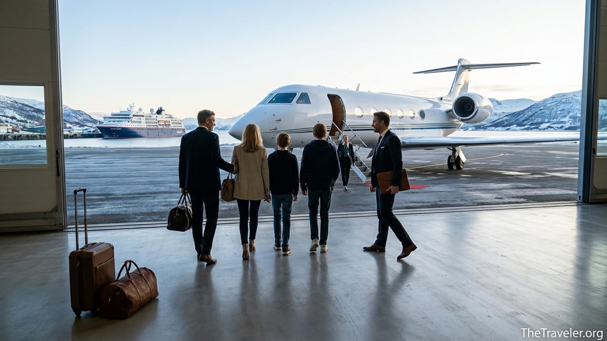 Travelers walking toward a private jet at sunrise with an expedition ship in the distance.