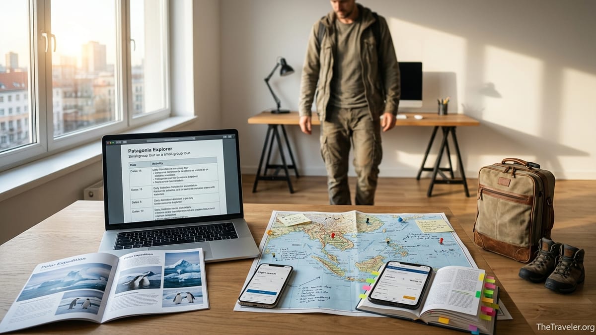 Traveler comparing a guided tour itinerary with DIY trip plans at a sunlit desk.
