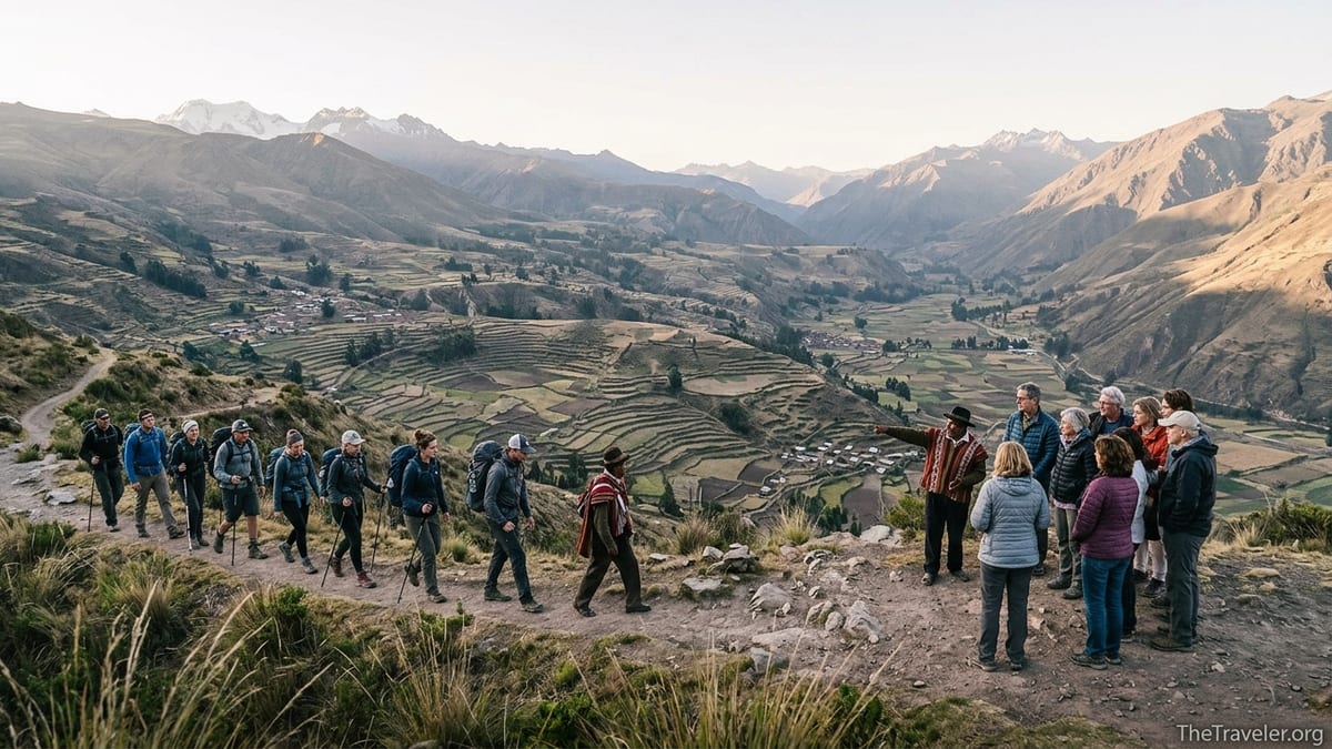 Two small groups of hikers with local guides walking above Peru’s Sacred Valley at sunrise.
