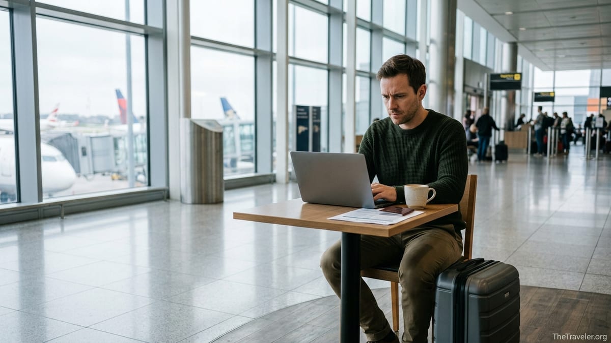 Traveler comparing TravelSecure insurance benefits on a laptop in an airport lounge.