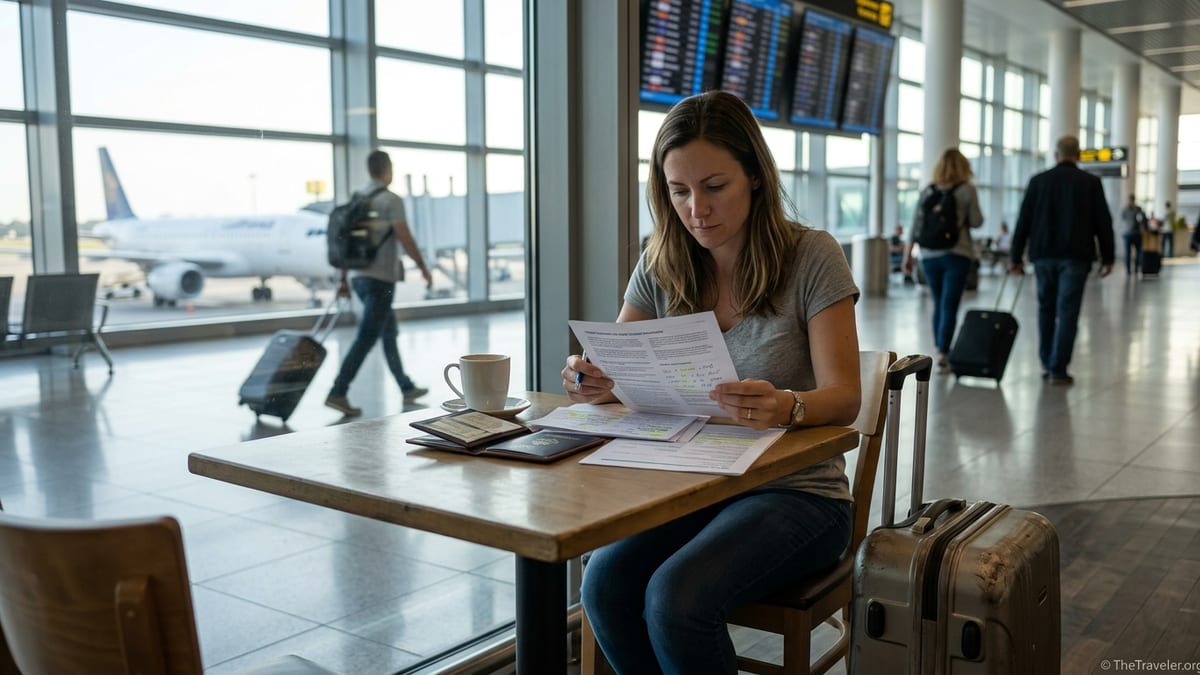 Traveler reading travel insurance documents at an airport café before a flight.