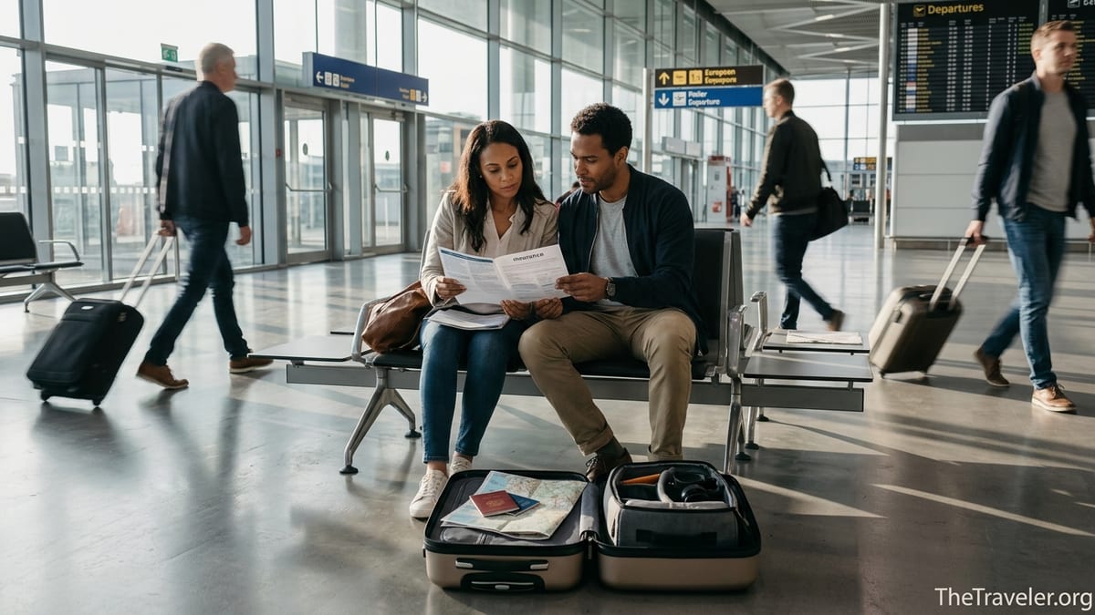 Couple reviewing travel insurance papers in a busy airport departures hall.