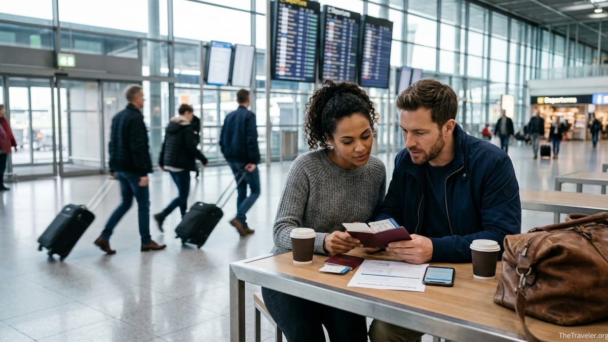 Couple at an airport gate reviewing TravelSecure insurance documents before boarding.