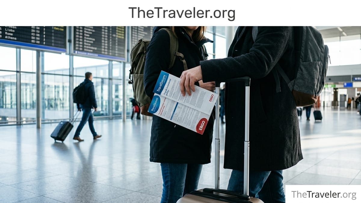 Travelers in a German airport comparing two travel insurance documents before departure.
