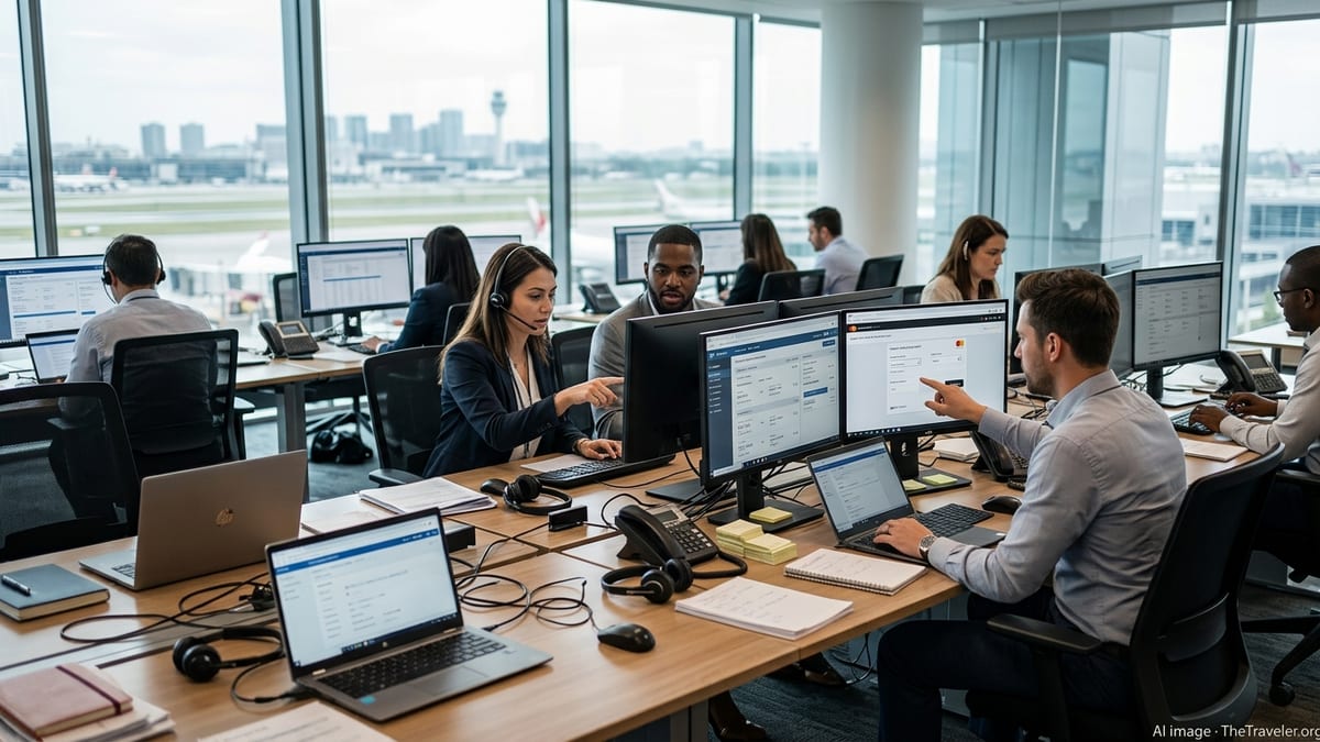 Travel payments team in a modern office managing bookings and secure digital transactions.