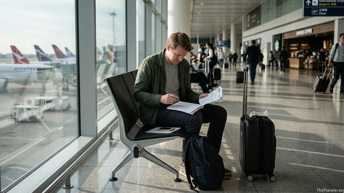 Traveler in an airport reading a printed travel insurance policy beside a suitcase.