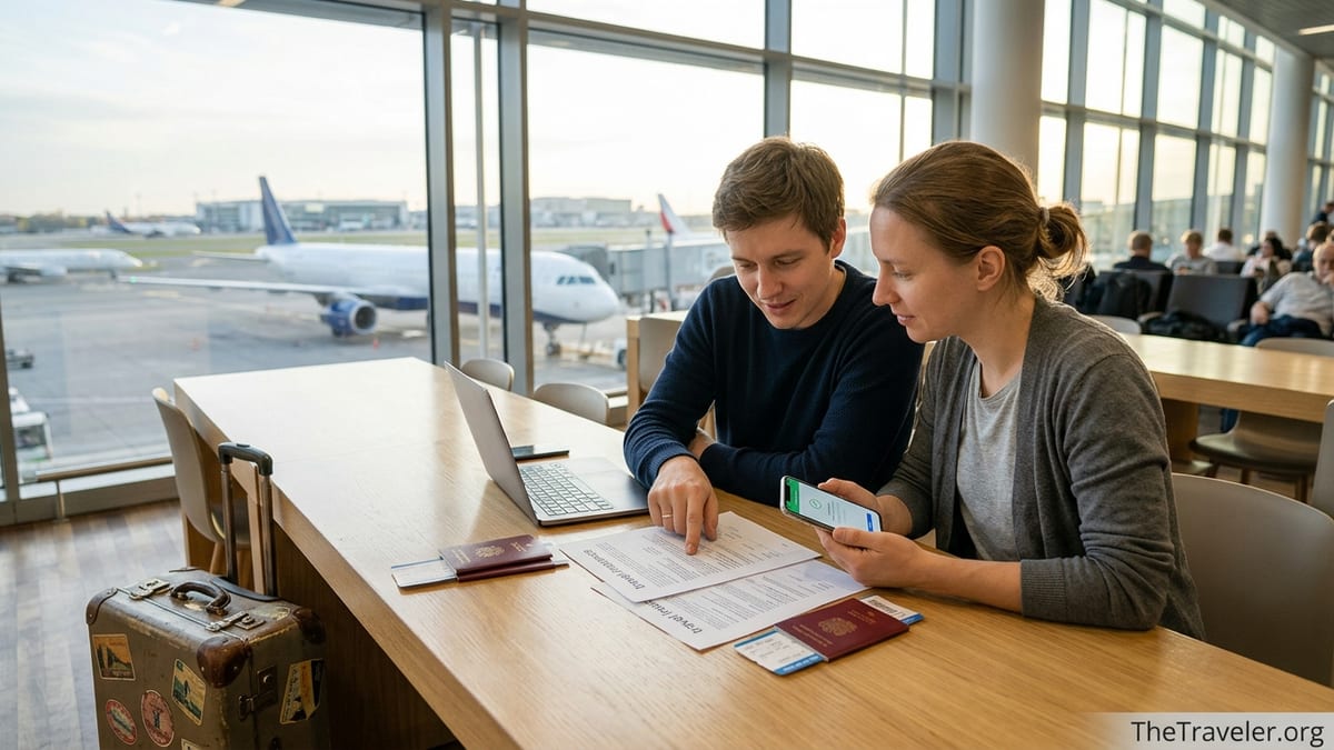 Traveler reviewing documents beside a suitcase in a bright airport terminal.